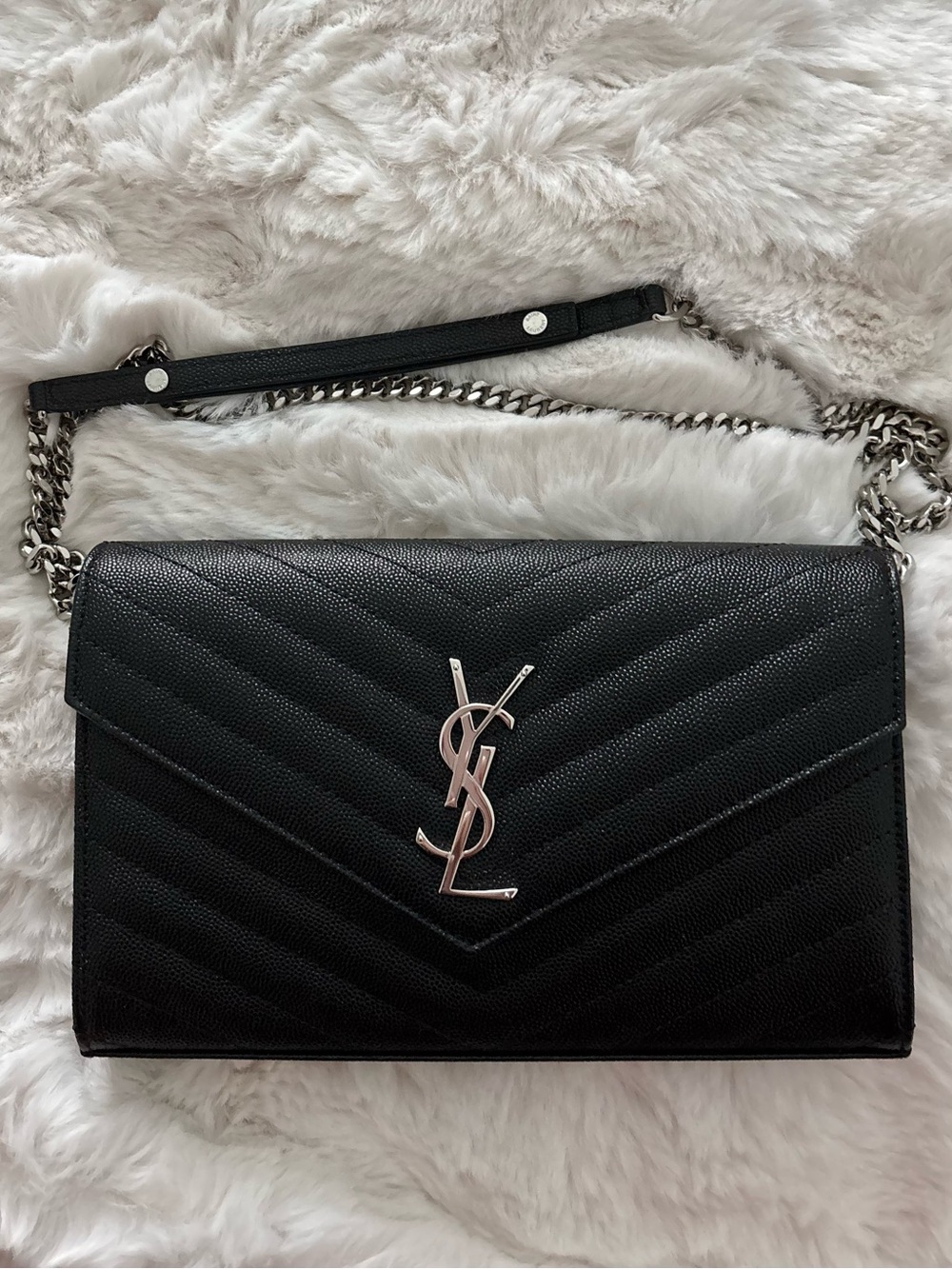 YSL Monogram Large Wallet on Chain in Grained Leather